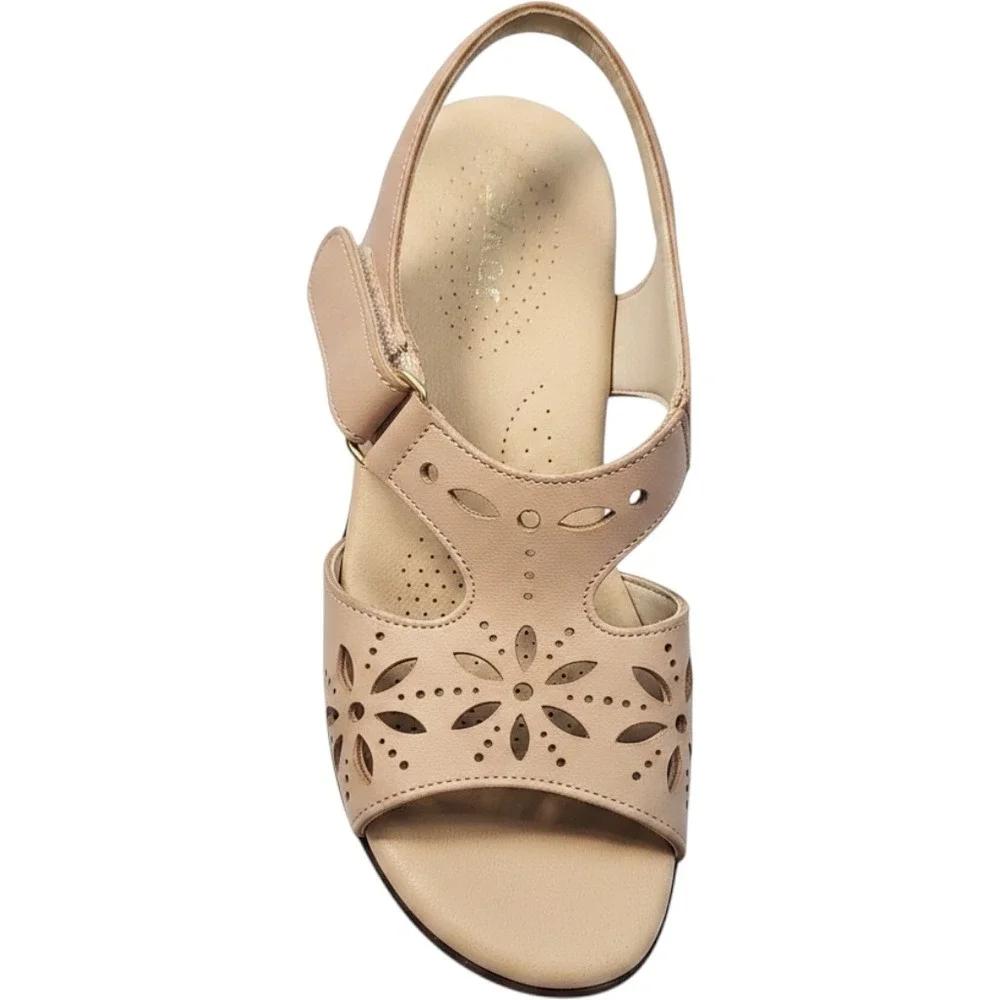 SAS Tripad Comfort Womens Beige Leather Floral Laser Cut Slingback Wedge Sandals